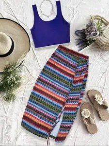 Two-Piece Set Women's Solid Ribbed Crop Tank Top & Chevron Pattern Ruched Skirt, Casual Scoop Neck Sleeveless Top & Skirt for Daily Wear, Ladies Summer Clothes