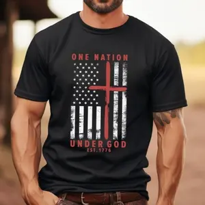 NO.BRAND Men's '1 Nation Under God' Patriotic T-Shirt, Casual Pure Cotton Short Sleeve Graphic Top for July 4th Outfits and Sports