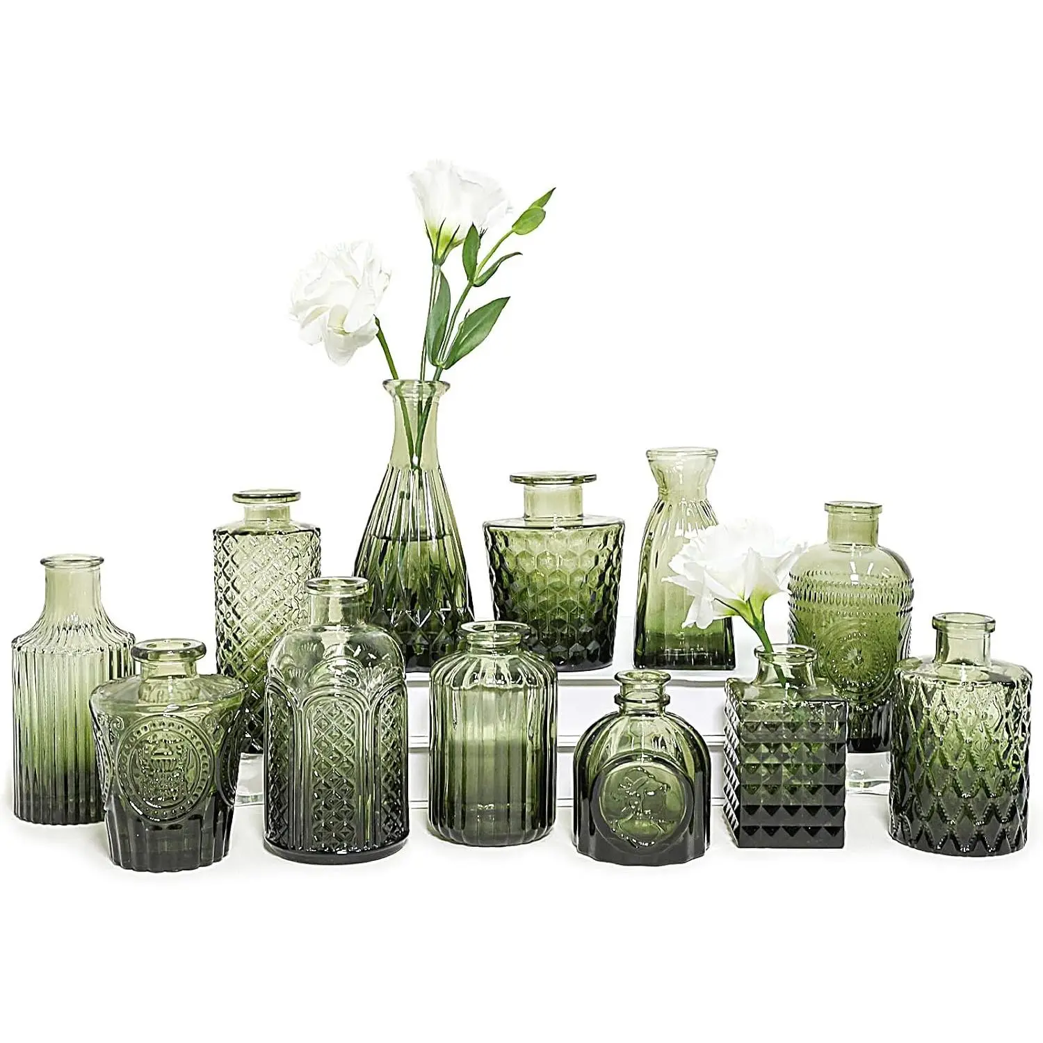 12 count Glass Bud Vase Set, Small Green Flower Vases for Centerpieces in Bulk, Mini  Vase for Wedding, ,Table Decoration