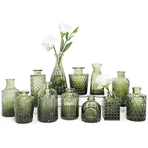 12 count Glass Bud Vase Set, Small Green Flower Vases for Centerpieces in Bulk, Mini  Vase for Wedding, ,Table Decoration