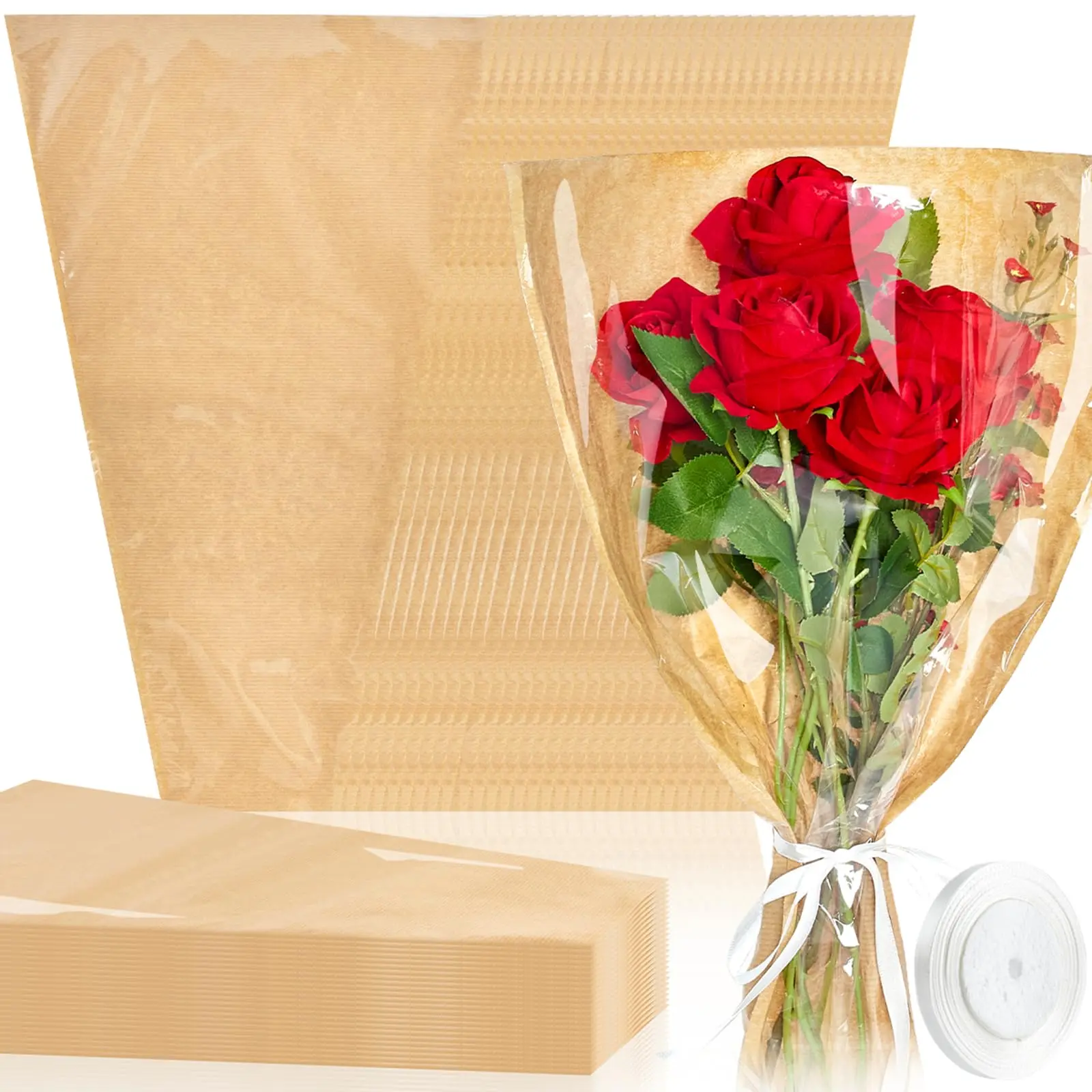 50 Flower Bags For Bouquet  22 X 14 Inches Sleeves Floral Wrapping Paper With Ribbons Woman