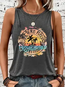 Women's Sleeveless Beach Top, Casual Stretchy Shirt, Round Neck, All-Season, Fun Design, Elastic Fabric, Graphic, Womenswear, Beachwear, Elastic Tank Top, Casual Summer Sleeveless