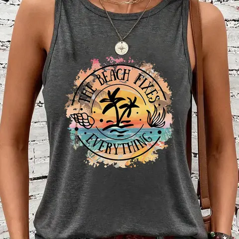 Women's Sleeveless Beach Top, Casual Stretchy Shirt, Round Neck, All-Season, Fun Design, Elastic Fabric, Graphic, Womenswear, Beachwear, Elastic Tank Top, Casual Summer Sleeveless, Summertops