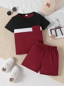Two-piece Set Boy's Colorblock Short Sleeve Tee & Shorts Set, Casual Summer Clothes for Kids, Kids Clothing for Daily Wear, Clothing Sets