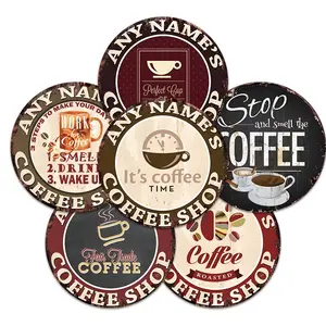 6pcs pieces of decorative logo and patches, coffee stick metal round tin logo 8x8 inches, retro coffee area logo, novel stylish stylish printed plaque decoration, room decoration, home decoration, restaurant decoration, cafe decoration