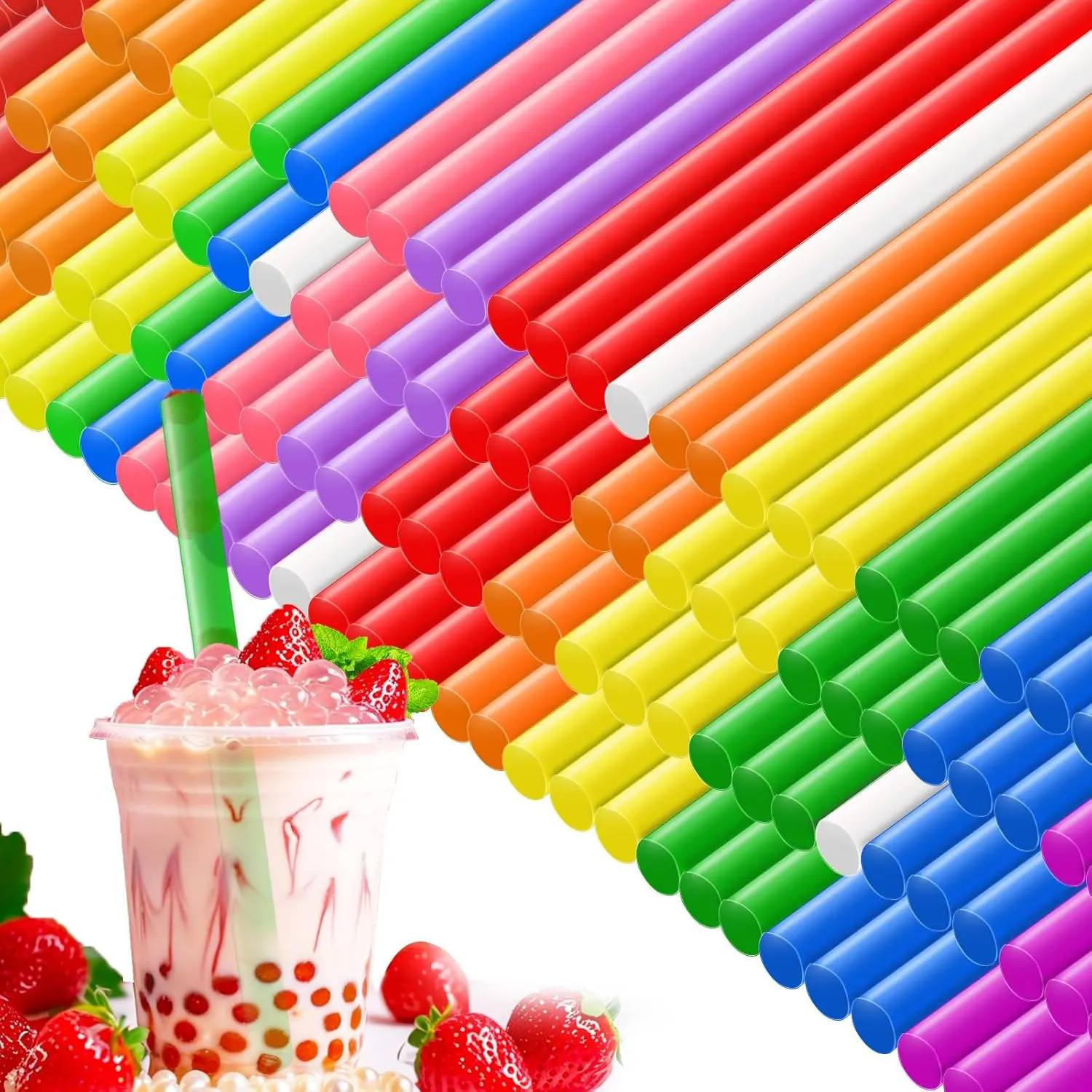 100 count  Smoothie Straws,Disposable Plastic Large Wide-mouthed Milkshake Straw for Bubble ,Party,Birthday,0.4 x 8.3inch(Colorful)
