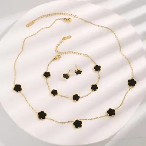 18K Gold Plated Clover Bracelet Set Women's Double-Sided Lucky Necklace Fashion Bracelet Set Women's Men'sJewelry Gift unisex cross Floral Theme Stainless Steel Lightweight Wear