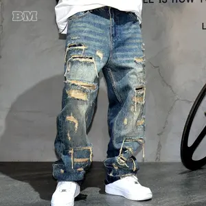 Mens Ripped Baggy Jeans Distressed Denim Streetwear Skateboard Pants Straight Leg Patchwork Urban Fashion Workwear Menswear Asian