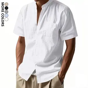 American casual minimalist men’s short-sleeve shirt, linen fabric, solid color simple design, lightweight for summer, comfortable, suitable for beach vacations, everyday commuting, and light business-casual wear across multiple occasions.Summervibes