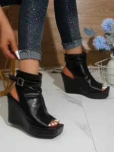 Women's Fish Mouth Wedge Heel Short Boots, New 2026 Thick Sole Waterproof Platform High Heels, Versatile Skinny Boots