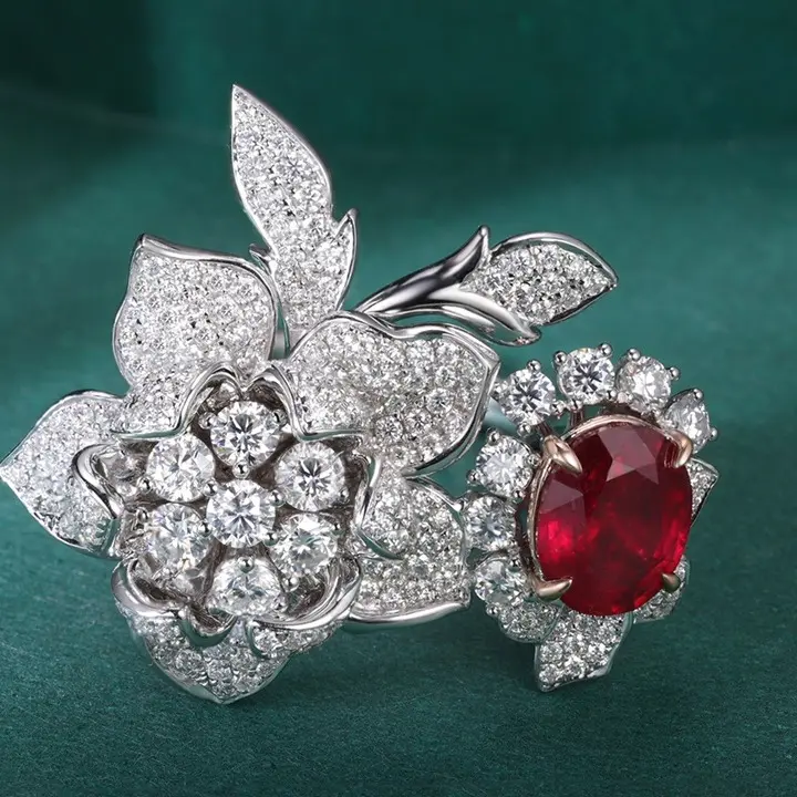 STONE PRECIOUS,2.7ct lab-grown ruby ring,flower shaped and ruby mixed style,sterling silver