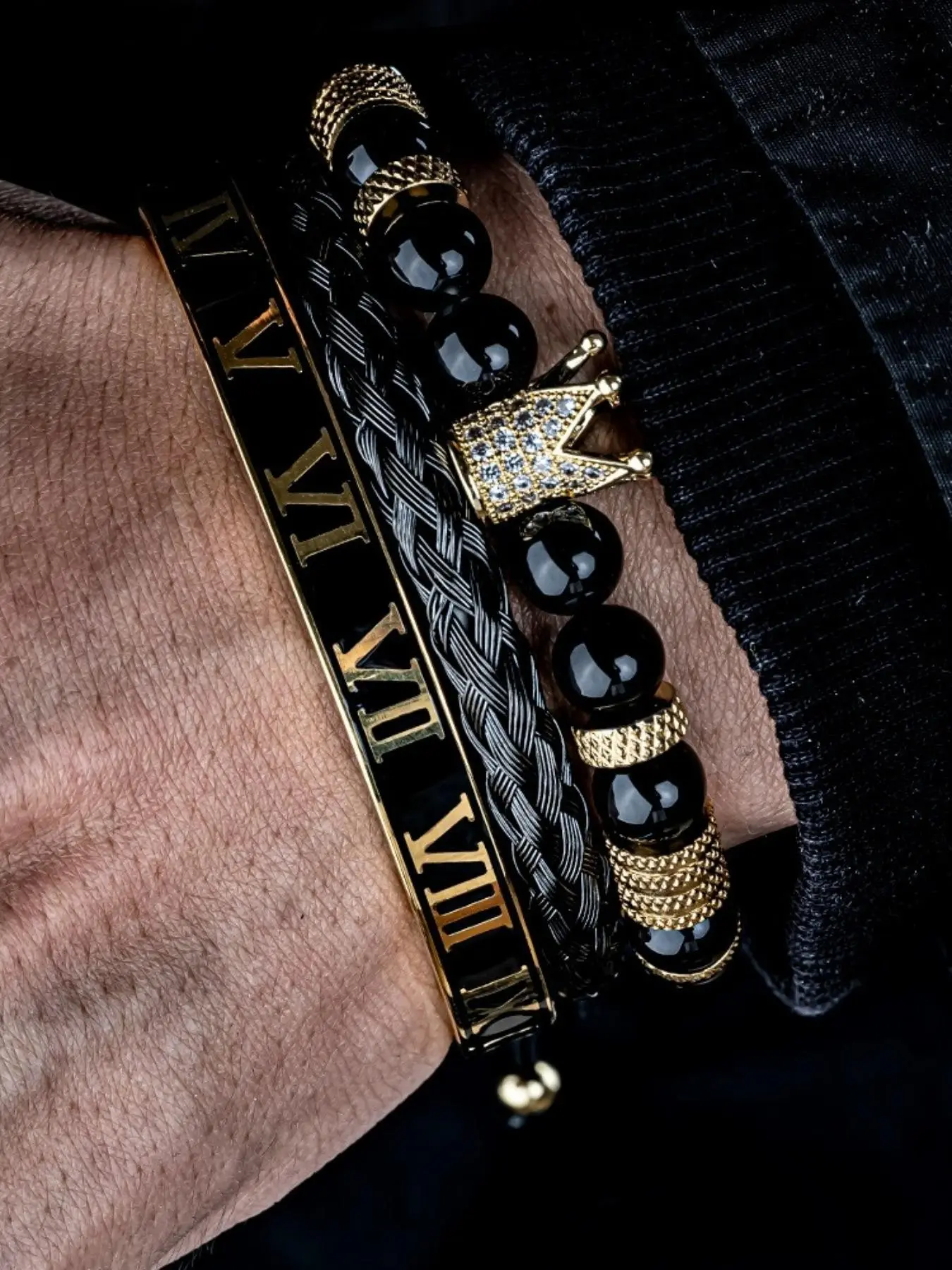 Men's Bracelet Set, Rhinestone Crown Decor Beaded Bracelet Pack & Braided Bracelet & Vintage Roman Numerals Adjustable Cuff Bracelet, Trendy Exquisite Jewelry for Gift, Adjustable Bracelets, Cuff Bracelet Stack