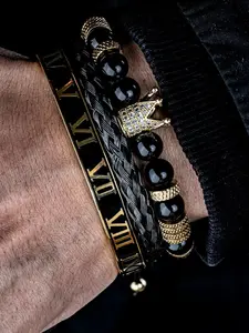 Men's Bracelet Set, Rhinestone Crown Decor Beaded Bracelet & Braided Bracelet & Vintage Roman Numerals Open Bracelet, Trendy Exquisite Jewelry for Gift