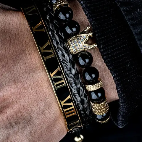 Men's Bracelet Set, Rhinestone Crown Decor Beaded Bracelet Pack & Braided Bracelet & Vintage Roman Numerals Adjustable Cuff Bracelet, Trendy Exquisite Jewelry for Gift, Adjustable Bracelets, Cuff Bracelet Stack