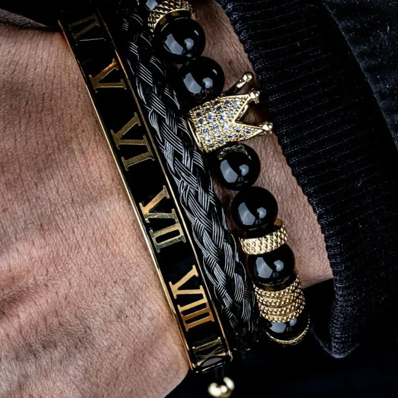 Men's Bracelet Set, Rhinestone Crown Decor Beaded Bracelet Pack & Braided Bracelet & Vintage Roman Numerals Adjustable Cuff Bracelet, Trendy Exquisite Jewelry for Gift, Adjustable Bracelets, Cuff Bracelet Stack