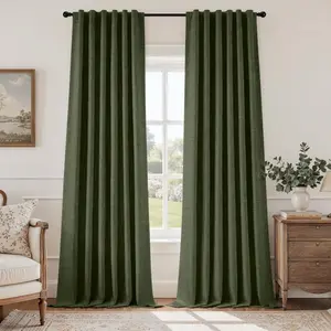 100% Blackout Faux Linen Olive Green Curtains,Modern Farmhouse Luxury Winter Curtains 84 Inches Long 2 Panels, Rod Pocket & Back Tab for Boho Vintage Living Room,Bed