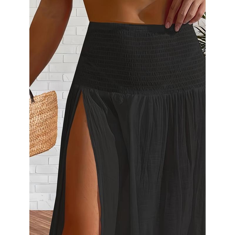 Vibrant Solid Color Shirred Waist Maxi Coverup Skirt - Flowy, Split Thigh,Summer Bottom Basic Chic Elegant   Womenswear Minimalist White
