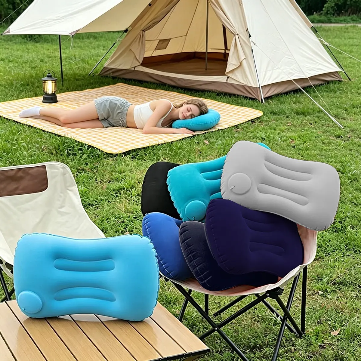 Large Foldable Inflatable Camping Pillow, Portable Lightweight Travel Neck Pillow, Travel Neck Cushion, Comfortable Air Pillow for Car, Hiking, Office Nap, Outdoor Camping