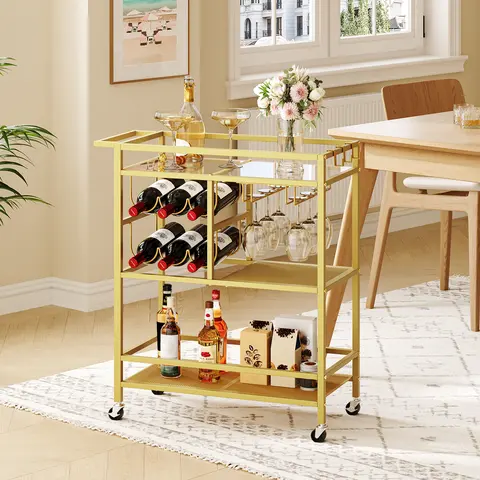 MAHANCRIS 3-Tier Bar Cart, Serving Cart with Wheels and Handle, Beverage Cart with Wine Rack and Glass Holders, Gold, Open Display Shelf Organizer Trolley #SummerVibes#DealsforYouDays #SummerGarden