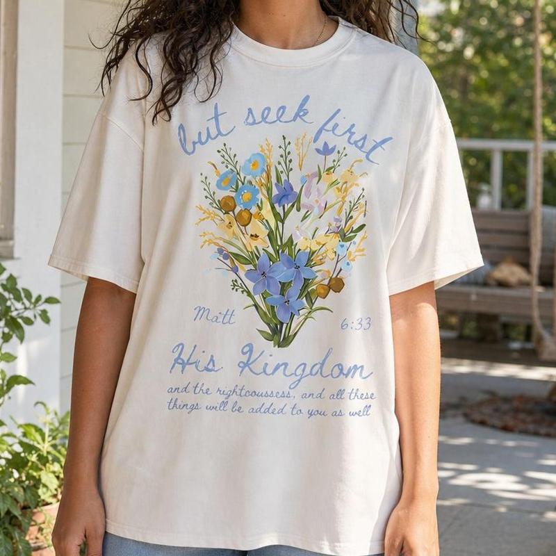 Women's 100% Cotton Loose Crew Neck Short-Sleeve Drop-Shoulder Casual T-Shirt Top, Botanical Floral Matthew 6:33 Bible Verse Christian Faith Graphic Casual Wear