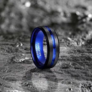 Black Brushed Tungsten Ring 8MM With Blue Grooves Mens Wedding Band Engagement Ring