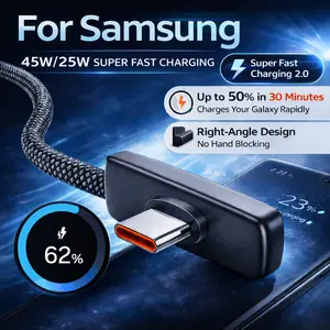 45W Right Angle Fast Charging Cable for Samsung Galaxy Phones PD PPS Super Fast Charging 2.0 USB-C to USB-C L-Shape Gaming Cable with No Hand Blocking Compatible with Samsung Galaxy S24 Ultra S23 S22 S21 Note Series 6A Durable Braided Cable - Electronic