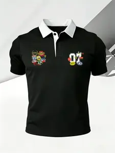 Retro racing patch pattern lapel shirt - contrasting collar men's Fitted casual streetwear lapel
