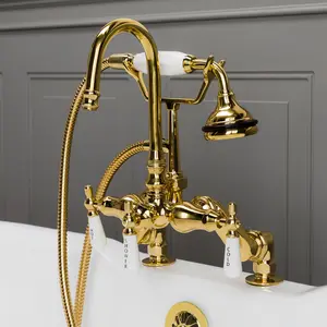 Polished Brass Deck Mount Clawfoot Tub Faucet with Handshower