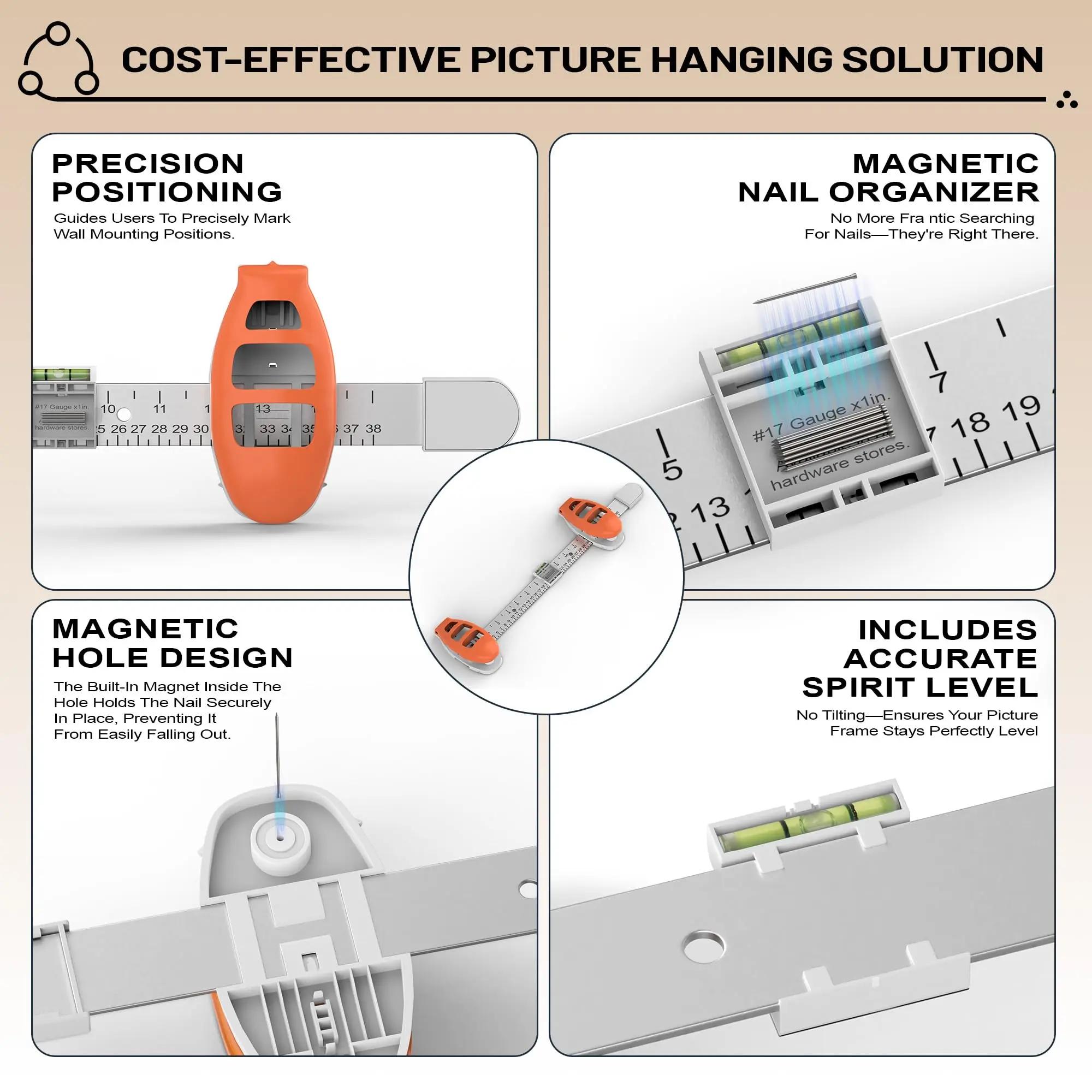 Picture Hanging Tool with Level and Ruler Easy Wall Mounting Kit for Frames Mirrors and Artwork Precise Alignment No Measure Gallery Wall Tool for Home Decor DIY Installation Multifunction Hanging Guide Set Self-Drilling