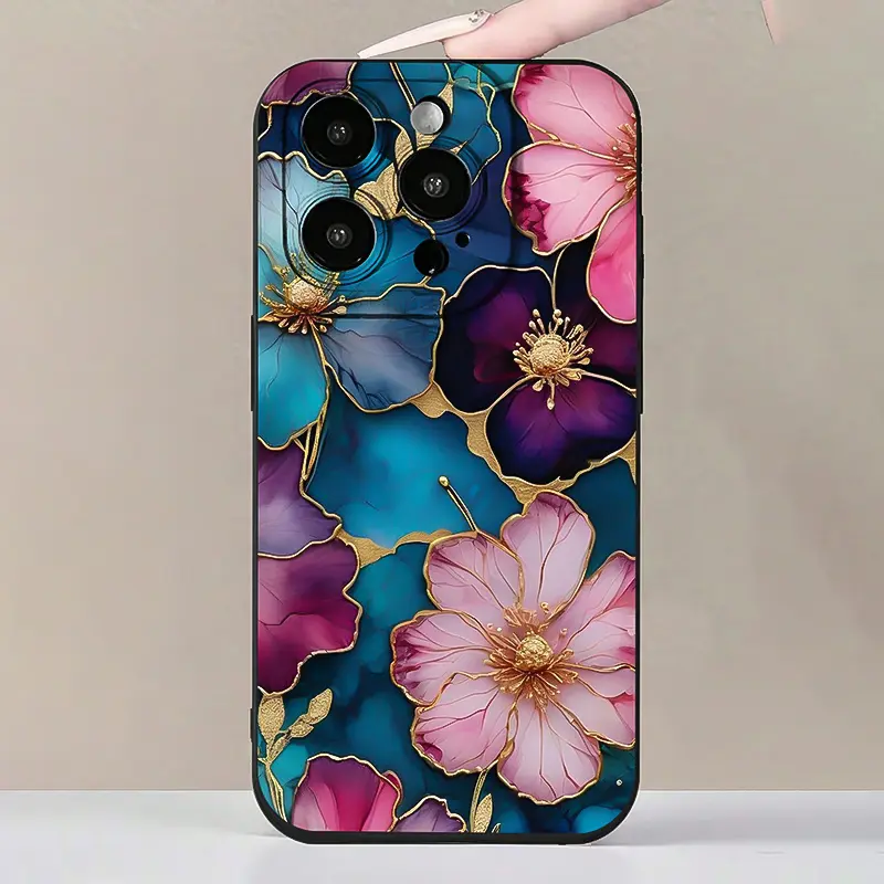 1556 - Creative floral pattern phone case, compatible with iPhone 17/16/15/14/13/12/11/X/XS/XSMAX/16E/12.13 Mini and Plus series, black design, suitable as a birthday gift, girlfriend, boyfriend, friend, or for personal use., Flower, Cover, Accessories, S