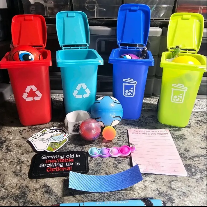 Wheelie Bin Pencil Holders 3.125x3.75x5.5 in Multicolor Recycle Symbol Design for Office & Home Use
