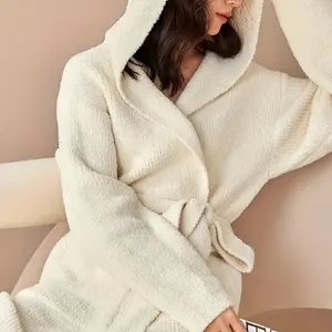 Cozy Ribbed Hooded Fleece Night Robe – Women's Long Sleeve Sleepwear for Fall & Winter