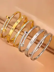 Minimalist Temperament Rhinestone Decor Cuff Bangle, Trendy Stack Bangle, Pretty Bracelet, Jewelry for Women & Men for Party, Daily Clothing Decor, All-match Jewelry for Birthday Gift
