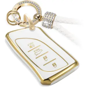 for Lexus Key Fob Cover with Luxury Diamond Braided Keychain, Upgraded Soft Case for ES LC LS (2018-2022), GX UX (2019-2022), NX/RC (2022) (4 buttons) Shell (Gold, B1)