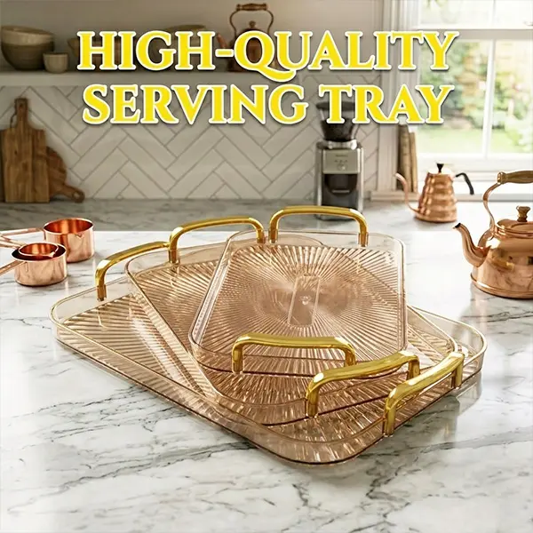 3Pcs Luxury Ribbed Clear Serving Tray Set with Gold Handles Multi-functional Translucent Serving Platter Set with Handles | Heavy Duty Food & Cupcake Display for Wedding, Parties, Home Decor