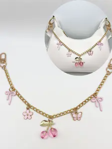 Pink Flower Bowknot Cherry Bag Chain Charm Butterfly Floral Bow Cherry Purse Charm Chain Pocket Bag Chain/Bag Charm Cherry Bag Purse Charms Keychain Cherries Charms Handbag Bag Accessories Purse Bag Chain Strap Replacement Extender Bag Chain Trinkets
