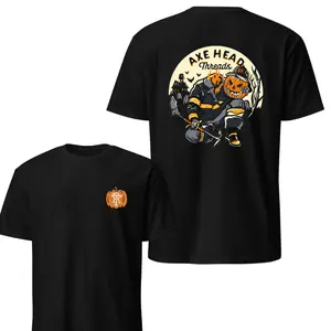 Halloween Firefighter Pumpkin Graphic T-Shirt, Vintage Spooky Artwork, Soft Cotton Blend Shirt, Axe Head Threads Apparel for Men & Women, Perfect Halloween Gift