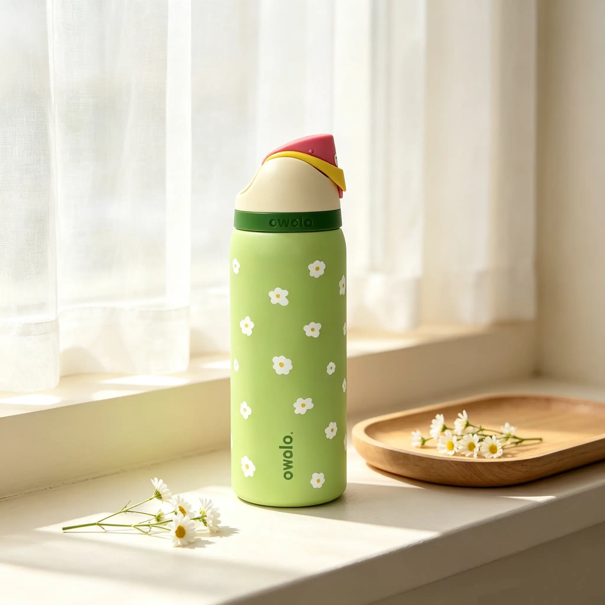 Owala FreeSip 32oz Stainless Steel Insulated Vacuum Flask, Fresh Light Green Spring Daisy Print Flip Covered Tumbler, Leakproof Push-Button Flip Lid, 24-Hour Cold Retention, Leakproof Insulated Container for School/Gym Daily Hydration