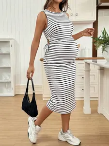 BELLAdresses Maternity Clothes Maternity  Dress Summer Pregnant Clothes Black And White Maternity Dress, Sleeveless, Highly Elastic, Soft, Comfortable And Casual