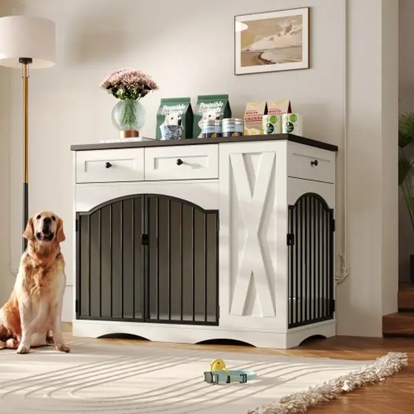 [Bellemave]43.3" Farmhouse Dog Crate Furniture, Heavy Duty Dog Crate with 3 Drawers, Indoor Wooden Dog Kennel with Removable Feeder, Dog Cage End Table for Medium Large Dogs, White