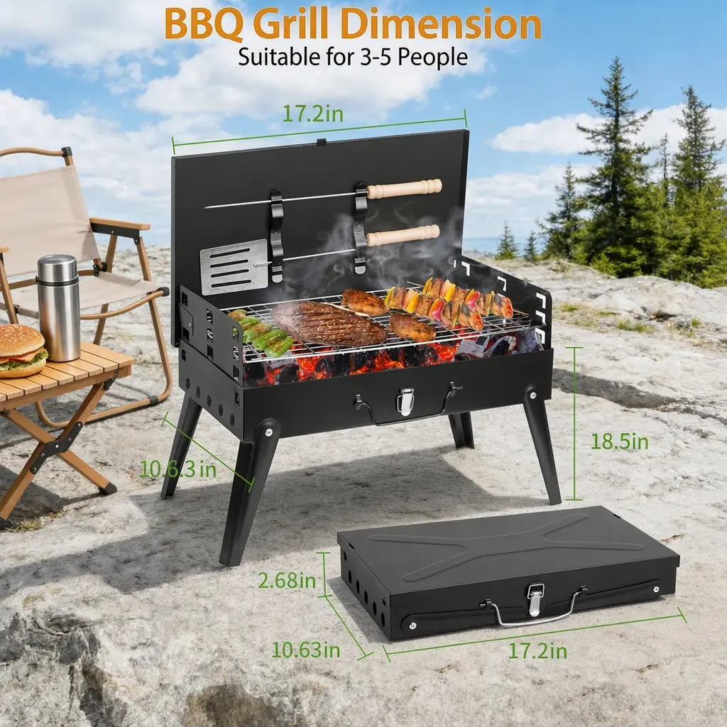 Portable Charcoal Grill, Foldable Camping Mini Grill for Outdoor Cooking, Compact Design Barbecue Accessories with Barbecue Tools, Perfect for Beach, Backyard, Picnics