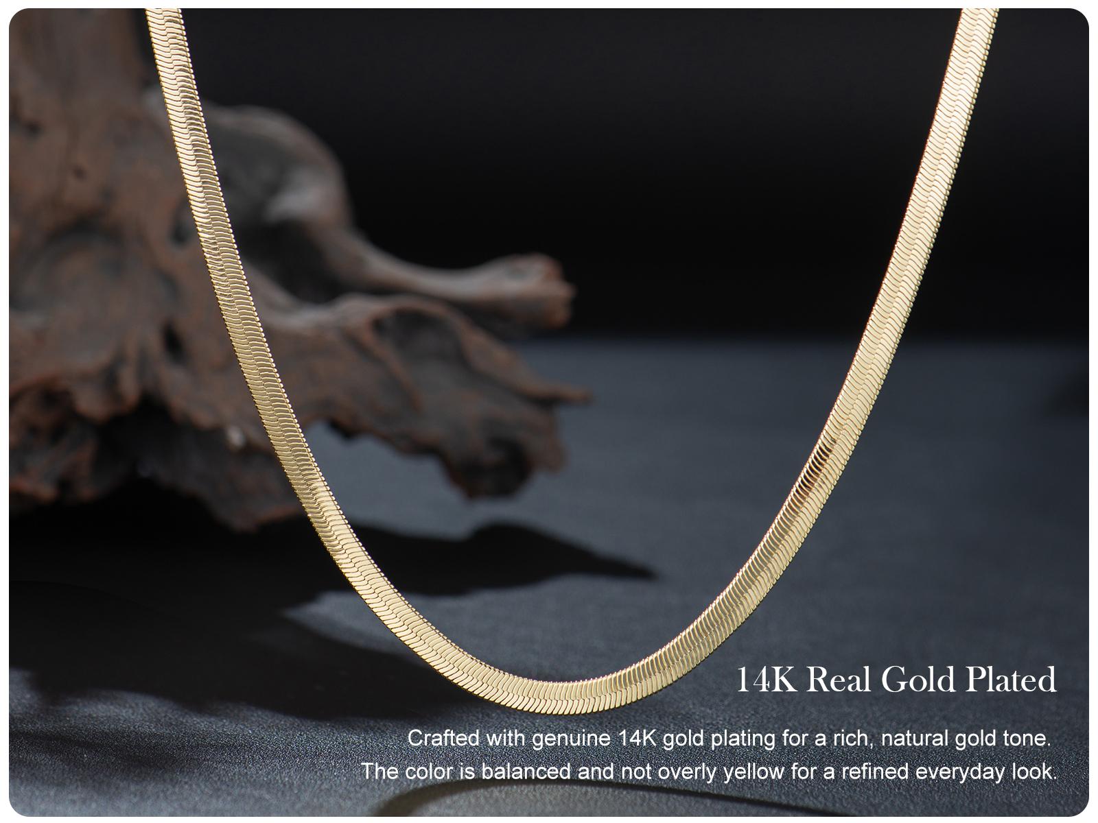 Holylegend 14K Real Gold Plated Herringbone Chain Necklace for Men, Flat Snake Design, Smooth Shine