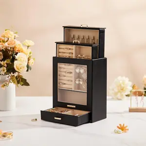Peach PU-Leather Jewelry Organizer: 3-Drawer Necklace, Ring & Earring Storage