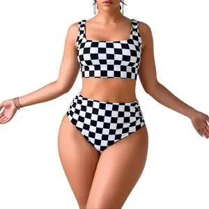 Women's Black and White Checkerboard High Waisted Bikini Set, Square Neck Tank Style Top, Slimming 2 Piece Swimwear for Beach Vacation 2026