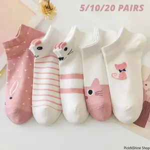 5/10 Pairs Women's Short Tube Socks, Pink Cat Pattern Thin Socks, Four Seasons Cute Low Top Boat Socks, Ins Trendy Style For Daily Wear