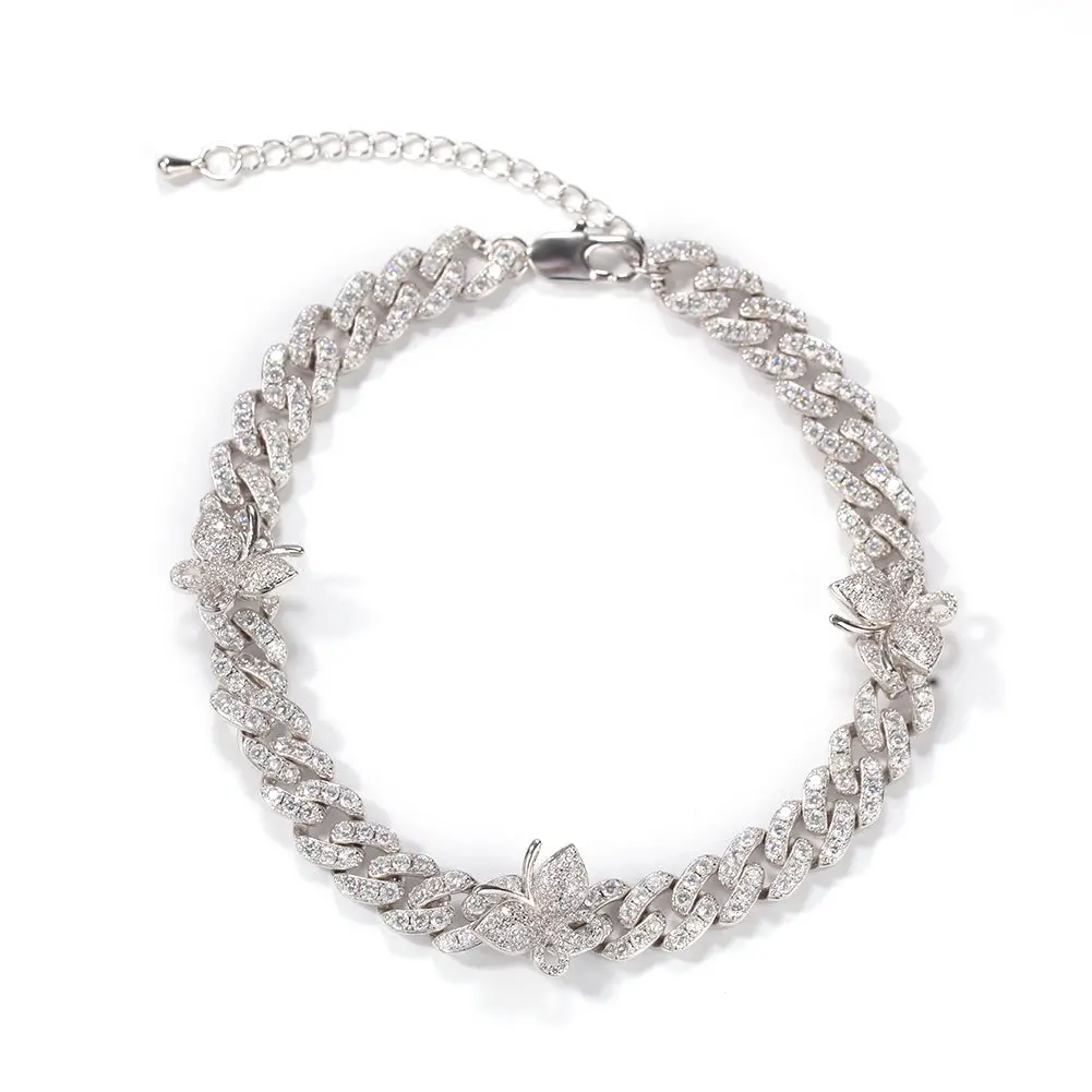 Mini Diamond Butterfly Cuban Anklet Silver