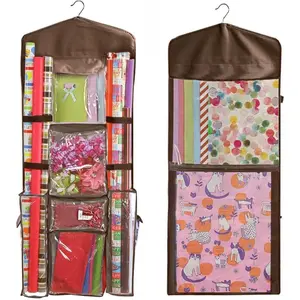 Hanging Gift Wrapping Paper Storage Organizer Bag Double Sided Multiple Front & Back Pockets Fits 40 Inch Long Rolls Clear PVC Bag (Brown)