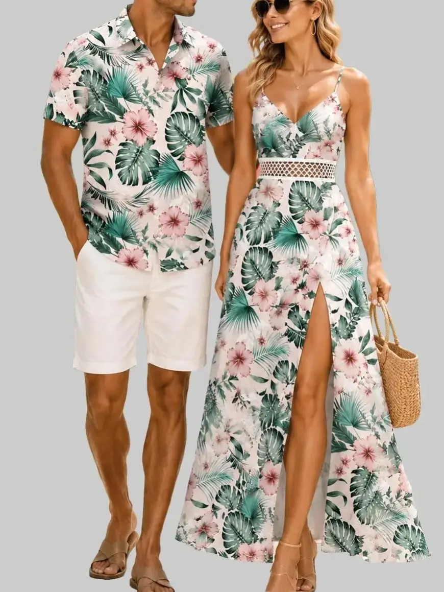 DRESSLILY Women's 2-Piece Polyester Couple Outfit Set - Stylish Tropical Dress & Button-Up Shirt, Sleeveless High-Waist Hibiscus Floral Leaf Geometric Lace Panel Hollow-Out Long Dress, 2026 Vacation Beach Casual Clothes, Tropical Dresses