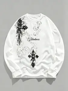 Unisex White Waffle Knit Gothic Cross Graphic Print Oversized Long Sleeve T-Shirt | Dark Y2K Grunge Alt Streetwear Top