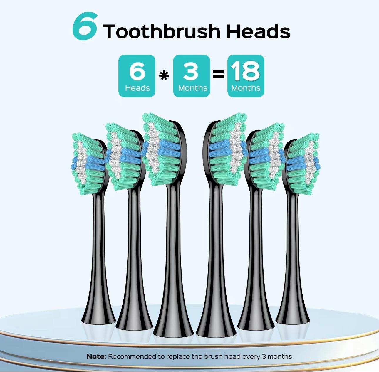 6 Replacement Brush Heads Electric Toothbrush with 47,000 VPM and 10x Cleaning Power - Cleansing, Wireless Charging, IPX Waterproof